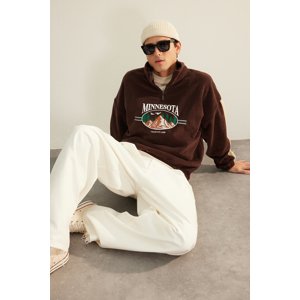 Trendyol Brown Unisex Oversize/Wide Cut Stand Collar Zipper Anti-pilling Fleece Sweatshirt