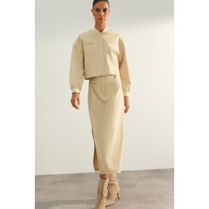 Trendyol Beige Limited Edition High Quality Faux Leather Slit Detailed Midi Woven Skirt
