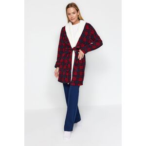 Trendyol Red Belted Plaid Patterned Fleece Knitted Dressing Gown