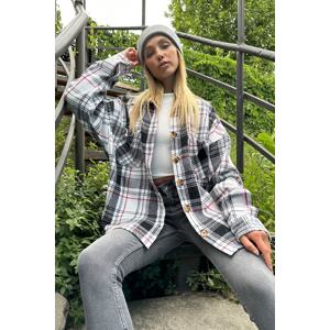 Trend Alaçatı Stili Women's Black Striped Checkered Cachet Cotton Oversize Safari Jacket Shirt
