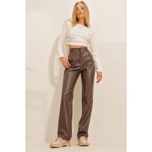 Trend Alaçatı Stili Women's Brown Knee-stitched Faux Leather Palazzo Pants with Pocket