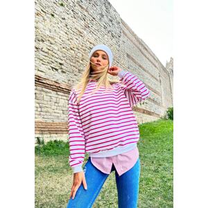Trend Alaçatı Stili Women's Fuchsia-White Crew Neck Striped Seasonal Oversize Sweatshirt