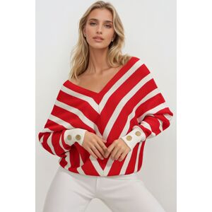 Trend Alaçatı Stili Women's Red V-Neck Bias Striped Oversize Knitwear Sweater