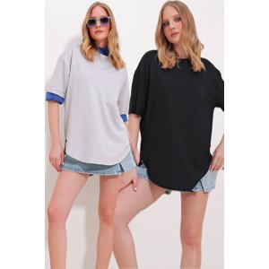 Trend Alaçatı Stili Women's Black Gray Crew Neck Pack of 2 Oval Cut Modal T-Shirt