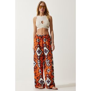 Happiness İstanbul Women's Orange Patterned Raw Linen Palazzo Trousers