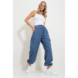 Trend Alaçatı Stili Women's Blue Waist And Leg Elastic Pocket Cargo Jogger Pants