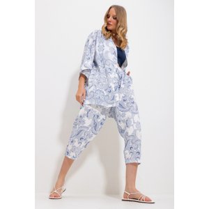 Trend Alaçatı Stili Women's Indigo Patterned Kimono With Jacket And Trousers Linen Woven Bottom Top Set
