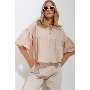 Trend Alaçatı Stili Women's Beige Balloon Sleeve Robe Gathered Kubra Cotton Crop Shirt