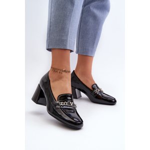 VINCEZA Black Patent Low Heel Court Shoes with Decoration Makki