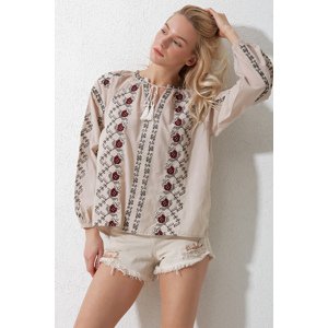 Trend Alaçatı Stili Women's Beige Slit Collar Full Embroidered Woven Blouse