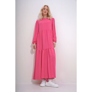 Trend Alaçatı Stili Women's Fuchsia Boat Neck Balloon Sleeve Layered Flounced Waist Belted Woven Viscose Dress