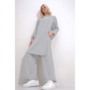 Trend Alaçatı Stili Women's Gray Crew Neck Side Slits and Cuffs Tunic and Palazzo Trousers Double Set