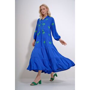 Trend Alaçatı Stili Women's Saks Prevailing Collar Palm Embroidered Layered Flounced Woven Viscose Dress