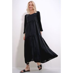 Trend Alaçatı Stili Women's Black Boat Neck Balloon Sleeve Layered Flounced Waist Belted Woven Viscose Dress