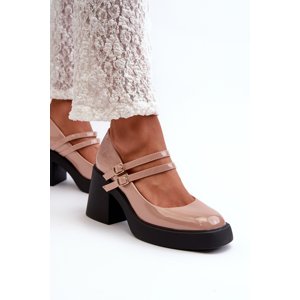 Boto Dark Beige Patent Leather Pumps on Chunky Heel Halmina