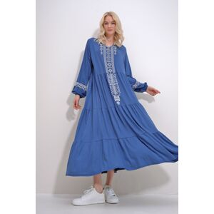 Trend Alaçatı Stili Women's Indigo V-Neck Ethnic Patterned Skirt Flounced Viscose Dress