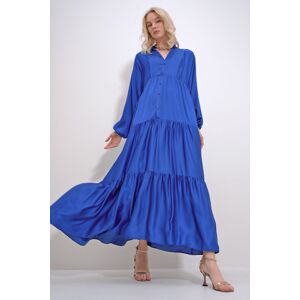 Trend Alaçatı Stili Women's Saks Crew Neck Buttoned Flounced Skirt Gathered Viscose Dress
