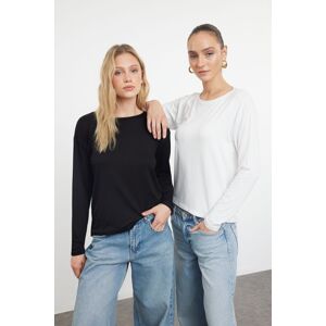 Trendyol Black-Ecru 2-Piece 100% Cotton Oversize/Wide Fit Long Sleeve Knitted T-Shirt