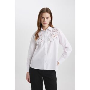 DEFACTO Oversize Fit Perforated Poplin Long Sleeve White Shirt
