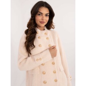 Ecru double-breasted alpaca coat with pockets