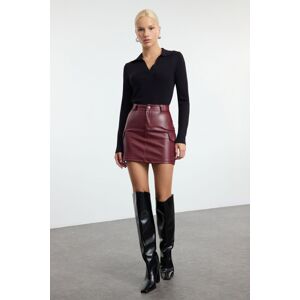 Trendyol Burgundy Faux Leather Cargo Pocket High Waist Fitted Mini Knitted Skirt