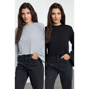 Trendyol Black-Grey Melange 2-Pack 100% Cotton Spanish Sleeve Knitted T-Shirt