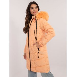 Light orange quilted winter jacket with fur