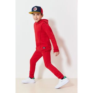 Trendyol Red Boy's Hooded Basic Plain Cotton Knitted Bottom-Top Set