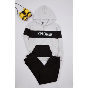 Trendyol Gray Melange Boy's Slogan Printed Kangaroo Pocket Cotton Knitted Bottom-Top Set
