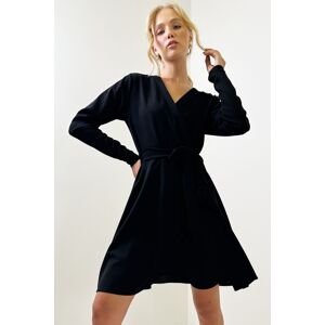 Trend Alaçatı Stili Women's Black Double Breasted Belted Flared Crepe Knit Dress