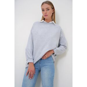 Trend Alaçatı Stili Women's Grey Melange Crew Neck Basic Oversize Long Sweatshirt