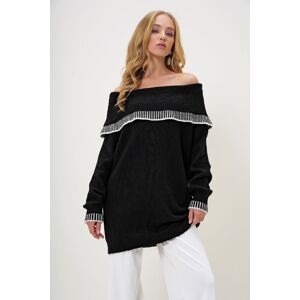 Trend Alaçatı Stili Women's Black Madonna Collar Stripe Detail Oversize Winter Knitted Sweater