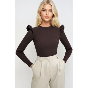 Trend Alaçatı Stili Women's Brown Half Turtleneck Sweater with Ruffle Shoulders