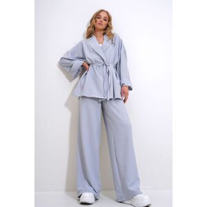 Trend Alaçatı Stili Women's Gray Wrinkled Look Blazer Jacket Top and Bottom Set