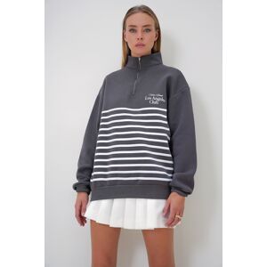Trend Alaçatı Stili Women's Anthracite Printed Zippered Sweatshirt with Raised Interior