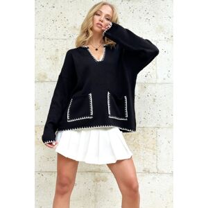 Trend Alaçatı Stili Women's Black V Neck Embroidery Detailed Double Pocket Knitwear Sweater