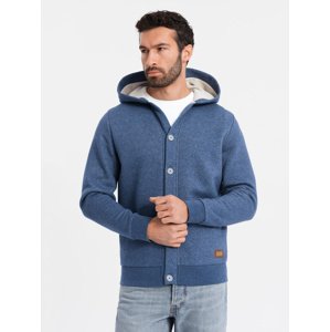 Ombre Men's button-down hooded sweatshirt - navy blue melange