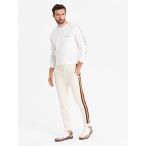 Ombre Men's sweatpants with piping and ribbing on the legs - cream