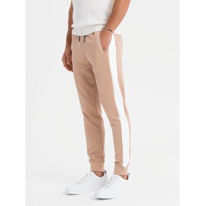 Ombre Men's sweatpants joggers with contrasting stripes - beige