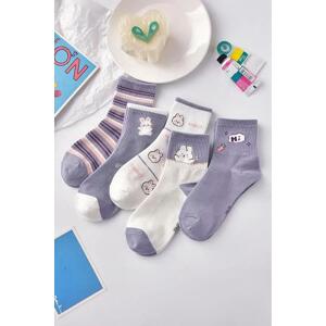 46560 Dewberry 5 Pairs of Unisex Patterned Socks 36-42-PURPLE-WHITE