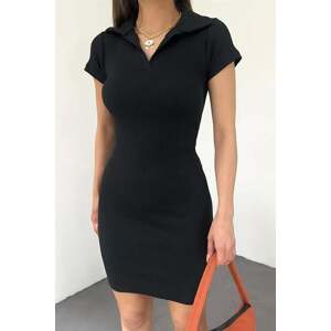 35605 Dewberry Polo Neck Dress with Short Sleeves-BLACK