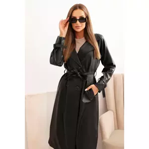 Kesi Włoski Women's trench coat made of eco-leather with a classic collar and a tied belt black