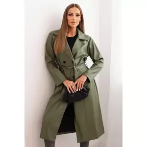 Kesi Włoski Women's trench coat made of eco-leather with a belt and collar khaki