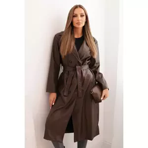 Kesi Włoski Women's eco-leather trench coat with a belt and collar brown
